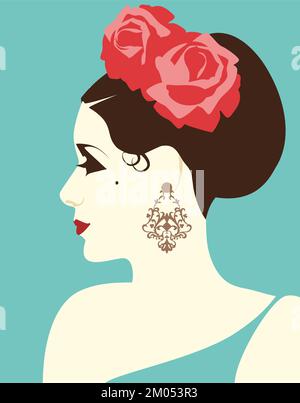 Vue latérale portrait stylisé d'une belle femme espagnole avec des fleurs dans ses cheveux portant de grandes boucles d'oreilles folkloriques. Illustration de Vecteur