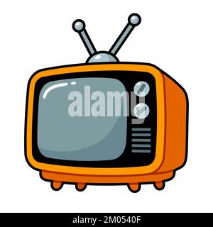 Téléviseur vintage de style dessin animé. Orange TV avec antenne. Illustration de clip art vectoriel. Illustration de Vecteur