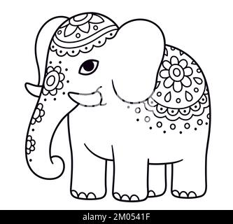 Adorable motif dessin animé et motif éléphant. Éléphant indien avec fleurs peintes. Dessin au trait noir et blanc pour colorier. Illustration de clip art vectoriel. Illustration de Vecteur