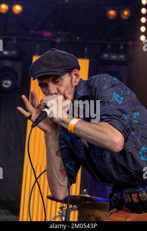 Joueur d'harmonica du groupe de rock Johnny Montreuil sur scène Banque D'Images