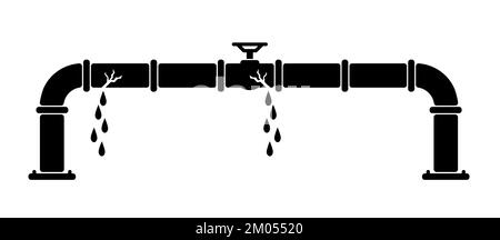 Fuite, rupture du tuyau de pétrole ou de gaz avec les raccords et les vannes. Pipeline, robinet noir, ouvert, fermé. Jet d'eau de dessin animé avec conduite de fuite, système de plomberie Banque D'Images