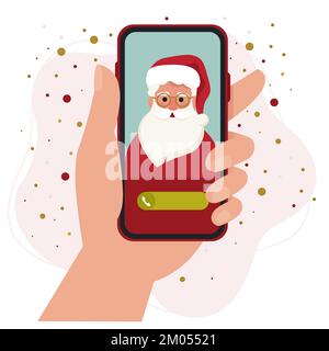 Smartphone portable avec cadre de profil Santa. Appel vidéo du Père Noël, chat en ligne par application mobile. Illustration vectorielle de style plat Illustration de Vecteur