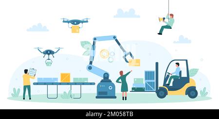 Automatisation de l'entrepôt en usine, illustration du vecteur d'entreposage. Caricature les personnes minuscules et les robots travaillent dans la réserve industrielle de gros, les machines aident les travailleurs et de charger des boîtes en carton avec des marchandises Illustration de Vecteur