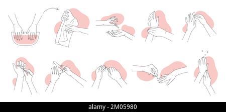 Ensemble de lignes d'icônes de manucure de spa illustration vectorielle. Contour des mains des femmes main soins pour la santé de la peau, les ongles et cuticles avec des outils, faire un auto-massage avec la crème, vernis à ongles dans le salon de beauté Illustration de Vecteur