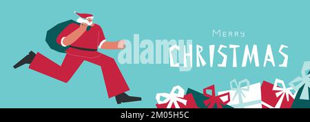 Illustration vectorielle avec caractère plat du Père Noël en costume rouge. Il court et tient le sac avec des cadeaux. Bannière horizontale avec texte Joyeux Noël o Illustration de Vecteur
