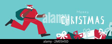 Illustration vectorielle avec caractère afro-américain plat du Père Noël en costume rouge. Il court et tient le sac avec des cadeaux. Bannière horizontale avec texte Illustration de Vecteur