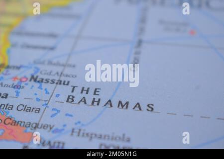 Le nom du pays des Bahamas sur la carte du monde politique très Macro vue rapprochée Banque D'Images
