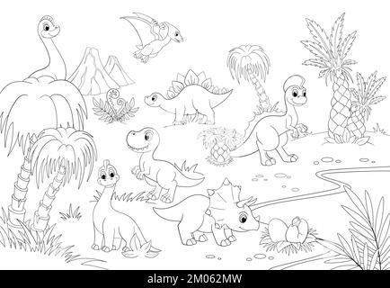 Faites la queue sur la jungle, le dinosaure t-rex, le palmier et le volcan. Contour ptérodactyle volant, dino mignon et oeufs. Coloriage pour les enfants modèle, vecteur Illustration de Vecteur