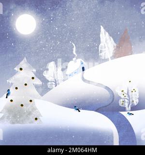 La veille de Noël maison stylisée dans le paysage d'hiver avec neige et chalet confortable. Illustration dessinée à la main pour la saison des fêtes. Dessin de paysage enneigé. Banque D'Images