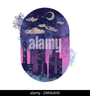 Sombre sombre sombre architecture, conte de fées ou histoire avec apocaliptyc Vibe. Ville de Postapo, lune, nuages. Illustration abstraite de la vie nocturne. Banque D'Images