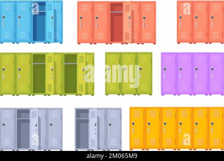 Casiers scolaires colorés. Casier de salle de gym armoires hautes couleurs, armoire en métal rangement de vêtements de fitness, bureau de confidentialité ou armoire universitaire, dessin animé armoire vecteur illustration de la serrure de rangement de porte Illustration de Vecteur