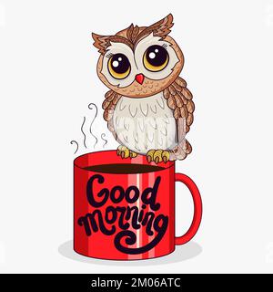 Un chouette chouette chouette repose sur une tasse de café rouge. Bonjour lettrage. Pour la conception d'imprimés, d'affiches, d'autocollants, de cartes, etc. Illustration vectorielle Illustration de Vecteur