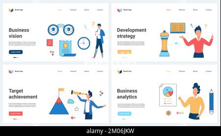 La vision d'entreprise, la stratégie de développement, l'analyse d'entreprise définissent l'illustration vectorielle. Caricature les gens minuscules recherchent les futurs objectifs de réalisation avec le télescope, analyser les données financières du graphique à secteurs Illustration de Vecteur