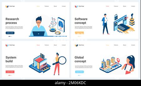 Développement de logiciels, processus de recherche de la construction de systèmes globaux ensemble illustration vectorielle. Les personnages de cartoon minuscules travaillent avec les modèles de villes futurs, les systèmes intelligents utilisant le cerveau numérique et la technologie de l'IA Illustration de Vecteur