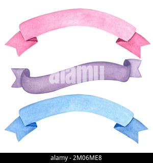 Jeu de rubans d'aquarelle. Bannières abstraites. Rose, violet, bleu. Collection multicolore de confettis et de banderoles de fête. Banque D'Images