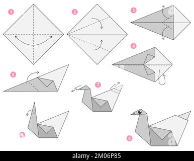 Tutoriel Origami pour les enfants. Origami mignon Swan. Illustration de Vecteur