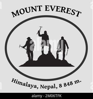 Trois grimpeurs noirs avec hache à glace à la main ont le sommet du mont Everest sur fond blanc, escalade de montagne, logo d'illustration de vecteur Illustration de Vecteur