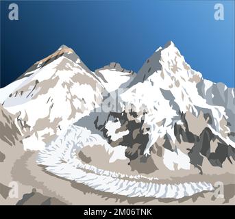 Mont Everest, Lhotse et Nuptse du côté népalais vu du camp de base de Pumori, illustration vectorielle, Mont Everest 8 848 m, vallée de Khumbu, Sagarmatha nat Illustration de Vecteur