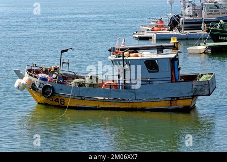 Bateaux de pêche à Golfo de Ancud - Castro Bay, île Chiloo dans le district des lacs du Chili. 16th février 2014 - Castro, Chili, Amérique du Sud Banque D'Images