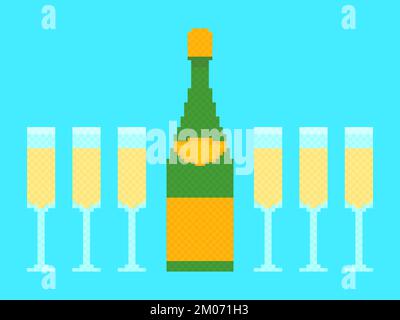 Bouteille et verres de champagne Pixel. bouteille pixélisée 8 bits et verre de vin dans un style rétro graphique 80s. Icônes des boissons de fête. Design pour affiches et b Illustration de Vecteur