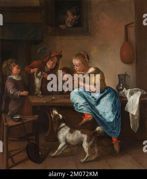 Les enfants apprennent à danser à un chat. Connu sous le nom de leçon de danse. Par le peintre hollandais Jan Havicksz Steen 1660 - 1679 Art art chef-d'œuvre Banque D'Images