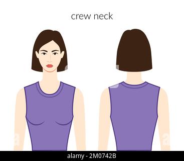 Encolure ronde vêtements tricot, chandails caractère belle dame en violet haut, chemise, robe technique mode illustration ajusté. Modèle de vêtements plats à l'avant et à l'arrière. Femmes, hommes unisex CAD maquette Illustration de Vecteur