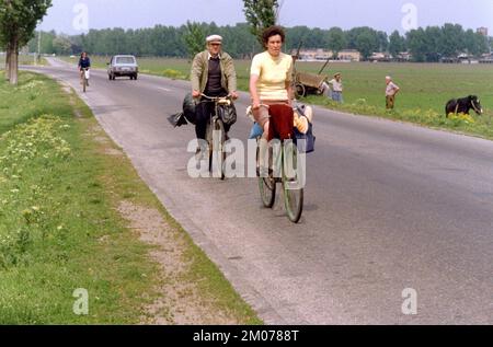 Comté de Prahova, Roumanie, mai 1990. Quelques mois après la chute du communisme, la nourriture était encore rare. Les gens vivant dans les zones rurales ont dû aller dans la ville la plus proche pour se faire des provisions de base. Banque D'Images