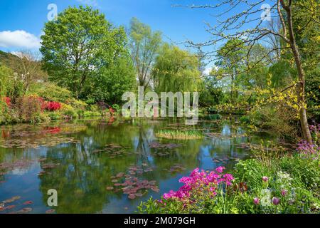 Plantes à fleurs reflétées dans le jardin aquatique de Monet à Giverny, France Banque D'Images