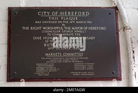 Ville de Hereford, plaque du marché, centième anniversaire, 1860 1960, Market Hall, High Town, Hereford, Angleterre, Royaume-Uni, HR1 2AA Banque D'Images