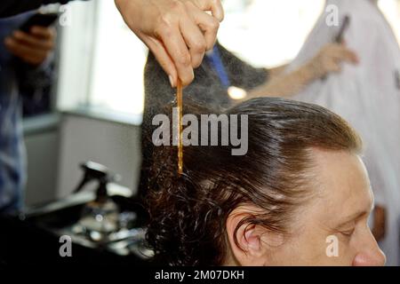 Gros plan d'un coiffeur coupe les cheveux bruns humides d'un client dans un salon. Coiffeur coupe une femme. Vue latérale d'un coupe de cheveux à la main avec des ciseaux Banque D'Images