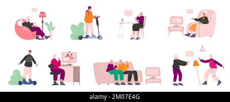 Personnes âgées modernes avec gadgets. Les personnes utilisent un ordinateur portable, un scooter ou un téléphone portable. Des appareils progressifs entre les mains. Chat web grand-mère. Grandpa avec VR Illustration de Vecteur