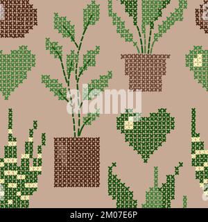 Motif sans couture dessiné à la main avec pots de plantes à point de croix, ficus serpent plante de paix lis. Joli imprimé artisanal sur fond beige feuilles vertes fleurs jardin intérieur pour les amoureux des plantes, jungle urbaine concept fleur design boutique, florale art Banque D'Images