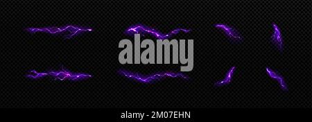 Foudre, coup de foudre électrique violet. Impact, fissure, éclair d'énergie magique. Décharge électrique puissante, 3D boulons vectoriels réalistes pendant la tempête de nuit isolés sur fond transparent Illustration de Vecteur