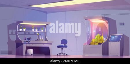 Laboratoire de biologie pour la recherche sur les plantes, les essais scientifiques et les expériences. Intérieur de laboratoire de biotechnologie avec équipement scientifique pour l'élevage et l'analyse des herbes, illustration de dessins animés vectoriels Illustration de Vecteur