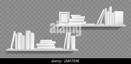 Piles de livres sur les étagères pour l'intérieur de la maison. Étagères avec documentation papier en couvertures blanches vierges en rangées et en piles et cadre photo vide, illustration réaliste vectorielle Illustration de Vecteur