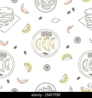 Motif sans couture avec des empanadas mexicaines et des tortillas de maïs avec des piments et des tranches de citron vert sur fond blanc. Illustration vectorielle amérique latine Illustration de Vecteur