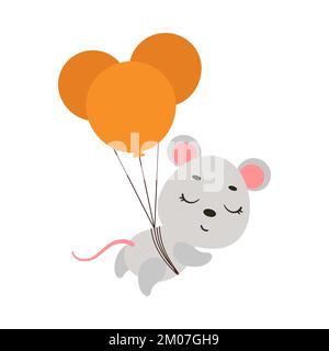 Mignonne petite souris volante sur des ballons. Personnage animal de dessin animé pour enfants, t-shirts, décoration de garderie, douche de bébé, carte de voeux, invitation, maison Illustration de Vecteur