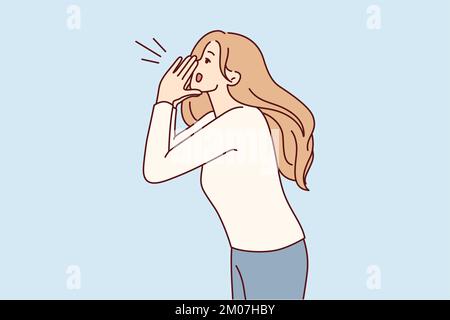 Femme blonde mettant les mains à la bouche criant invitant tout le monde à la promotion ou à la vente. Lady dans les vêtements décontractés vous appelle fort à faire attention en utilisant des paumes au lieu du mégaphone. Conception à vecteur plat Illustration de Vecteur