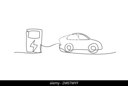 Voiture électrique une ligne dessinant sur fond blanc Illustration de Vecteur