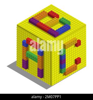 Briques de jouets isométriques de cube avec lettres ABC de l'alphabet anglais sur les visages. Lettre de blocs pour enfants affiche et jeux. Vecteur réaliste 3D isol Illustration de Vecteur