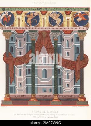 Le Temple de Jérusalem avec colonnes et rideaux. Quatre évangélistes allégoriques au sommet: angel Matthew, Luc de taureau, Mark de lion, et l'aigle John. Figure de l'Eglise, France, VIIIe siecle. Tiré d'un manuscrit autrefois conservé à l'abbaye de Saint-Médard de Soissons. MS 686 Sup. Latin, Bibliothèque Impériale. Chromolithographe d’après une illustration de Mathieu des Arts Somptuaires de Charles Louandre, The Sumptuary Arts, Hangard-Mauge, Paris, 1858. Banque D'Images