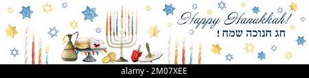 Happy Hanukkah bannière horizontale arrière-plan pour la conception de Web avec menorah, bougies, pot d'huile d'olive David étoiles, sufganiyah beignes, dreidel sur blanc. Chag Banque D'Images