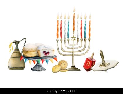 Symboles Hanukkah de fête juive, illustrations aquarelles isolées sur blanc. Menorah tirée à la main, bougies, beignets, carafe d'huile, pièces de monnaie, dreidels Banque D'Images