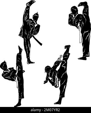 Illustration vectorielle de deux femmes et deux hommes pratiquant le taekwondo sur fond blanc Illustration de Vecteur