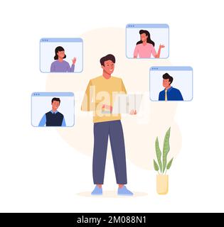 Les professionnels ont des réunions virtuelles en ligne, des visioconférences avec un groupe de travailleurs distants sur les écrans. Illustration vectorielle de style plat Illustration de Vecteur