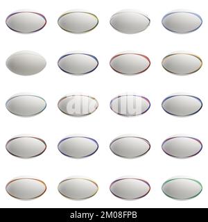 Une collection de balles de rugby texturées blanches avec différents éléments de couleur sur un fond isolé - rendu 3D Banque D'Images