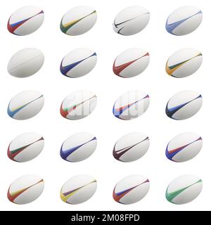 Une collection de balles de rugby texturées blanches avec différents éléments de couleur sur un fond isolé - rendu 3D Banque D'Images