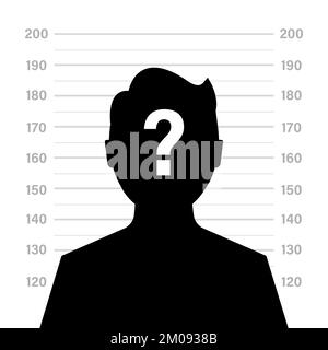 Vue avant de la silhouette suspecte. Silhouette d'homme anonyme avec point d'interrogation en arrière-plan du casier judiciaire ou de la série de police. illustration vectorielle Illustration de Vecteur