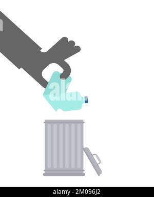 Jetez la bouteille en plastique dans les poubelles. La main jette le plastique dans la poubelle. Illustration de Vecteur