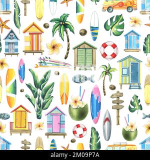 Maisons de plage, planches de surf, palmiers, fleurs, noix de coco. Illustration aquarelle. Motif sans couture sur fond blanc de la collection SURF Banque D'Images